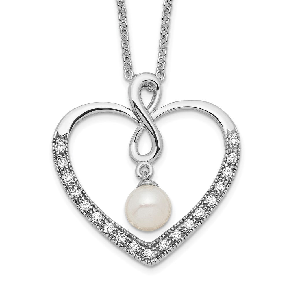 Sentimental Expressions Sterling Silver Rhodium-plated CZ and FW Cultured Pearl My Friend 18in Heart Necklace, 18 mm