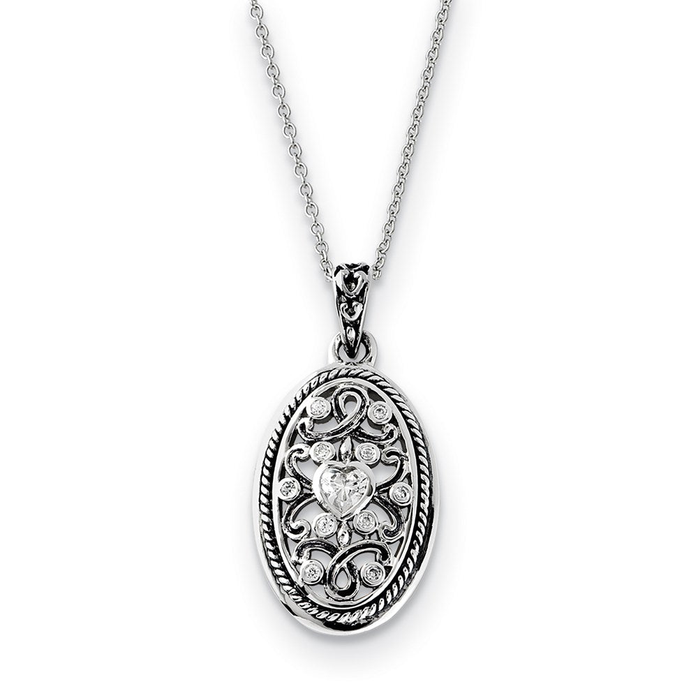 Sterling Silver Antiqued CZ Because Of You 18in Necklace, 18 mm
