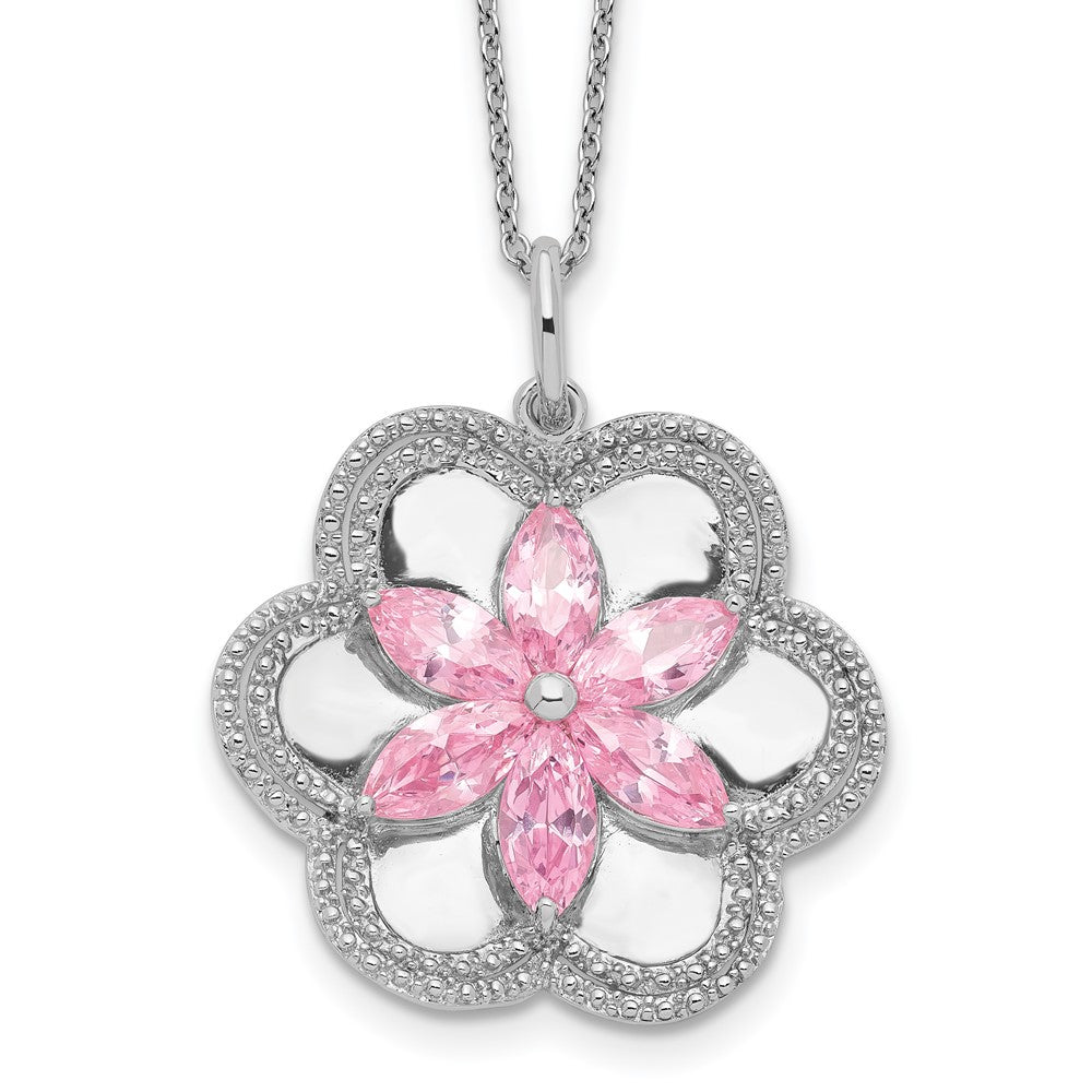 Sentimental Expressions Sterling Silver Rhodium-plated CZ Pretty in Pink Flower 18 Inch Necklace, 18 mm