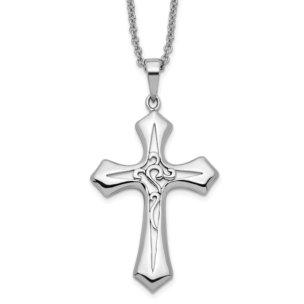 Sentimental Expressions Sterling Silver Rhodium-plated Antiqued Abide In Him 18in Cross Necklace, 18 mm