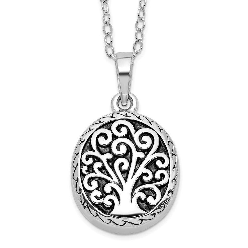 Sentimental Expressions Sterling Silver Rhodium-plated Antiqued Tree of Life Ash Holder 18 Inch Necklace, 18 mm
