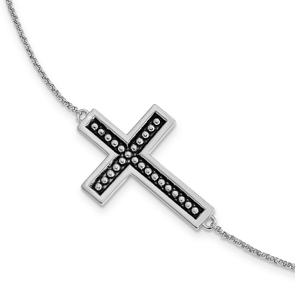 Sterling Silver Antiqued Carry Your Cross 7in. Bracelet w/ 1/2 in. ext, 7 x 24.5 mm