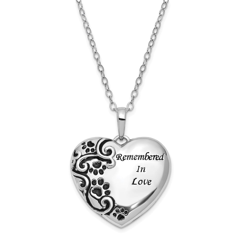 Sentimental Expressions Sterling Silver Rhodium-plated Antiqued Paw Print Remembered in Love Heart 18 Inch Necklace, 18 mm