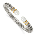 Shey Couture Sterling Silver with 14K Accent Antiqued 10x7.5mm Freshwater Cultured Pearl and Diamond Hinged Cuff Bracelet, 1.28 ct, 9 mm