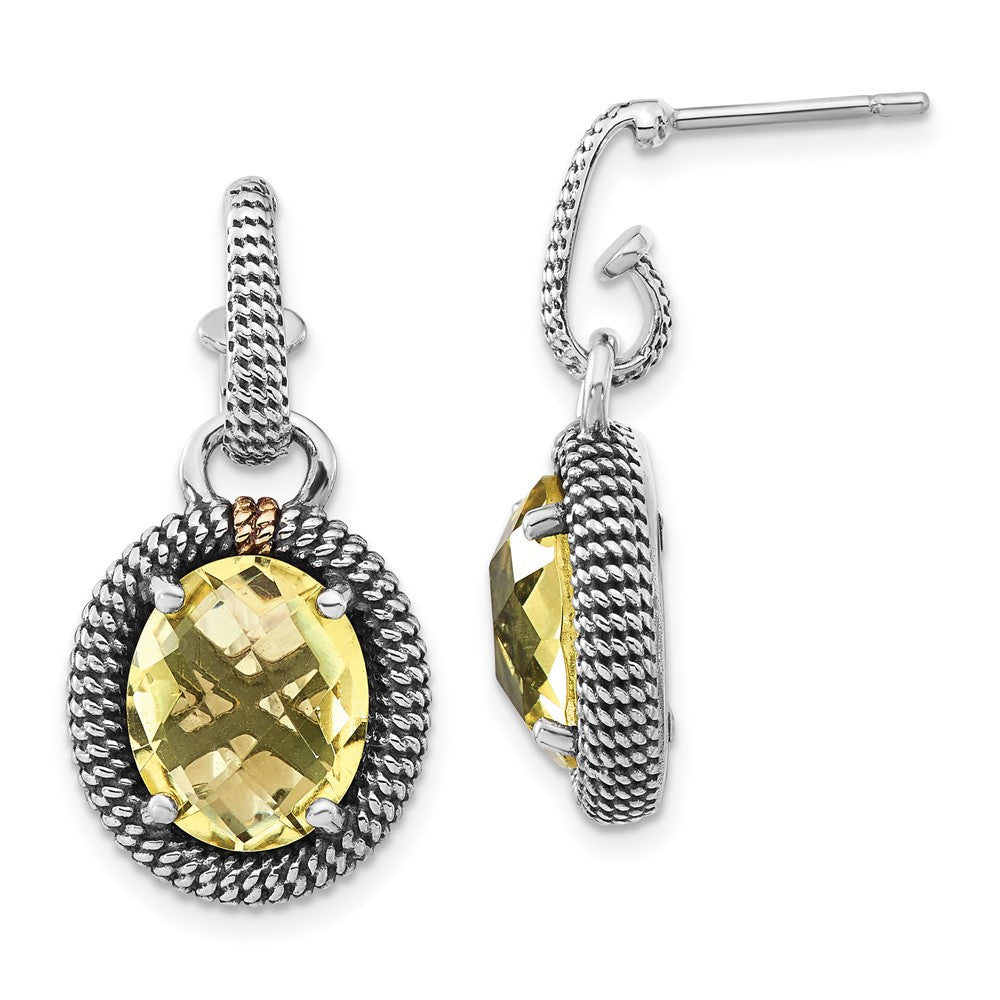 Sterling Silver w/14k Accent Polished & Antiqued Oval Lemon Quartz Post Dangle Earrings, 5.76 ct, 28 x 13.8 mm