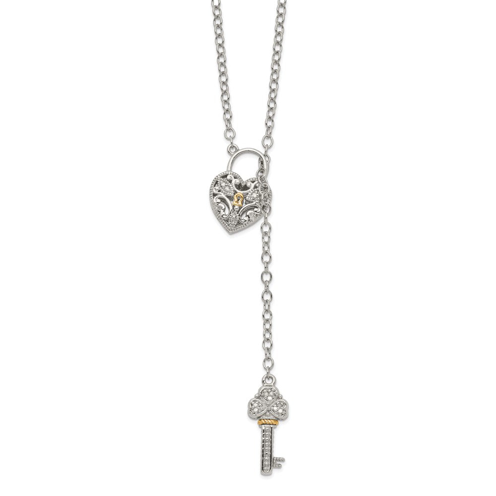 Shey Couture Sterling Silver Rhodium-plated with 14K Accent 18 Inch Diamond Heart Lock and Key Necklace, 0.08 ct, 18 x 15 mm