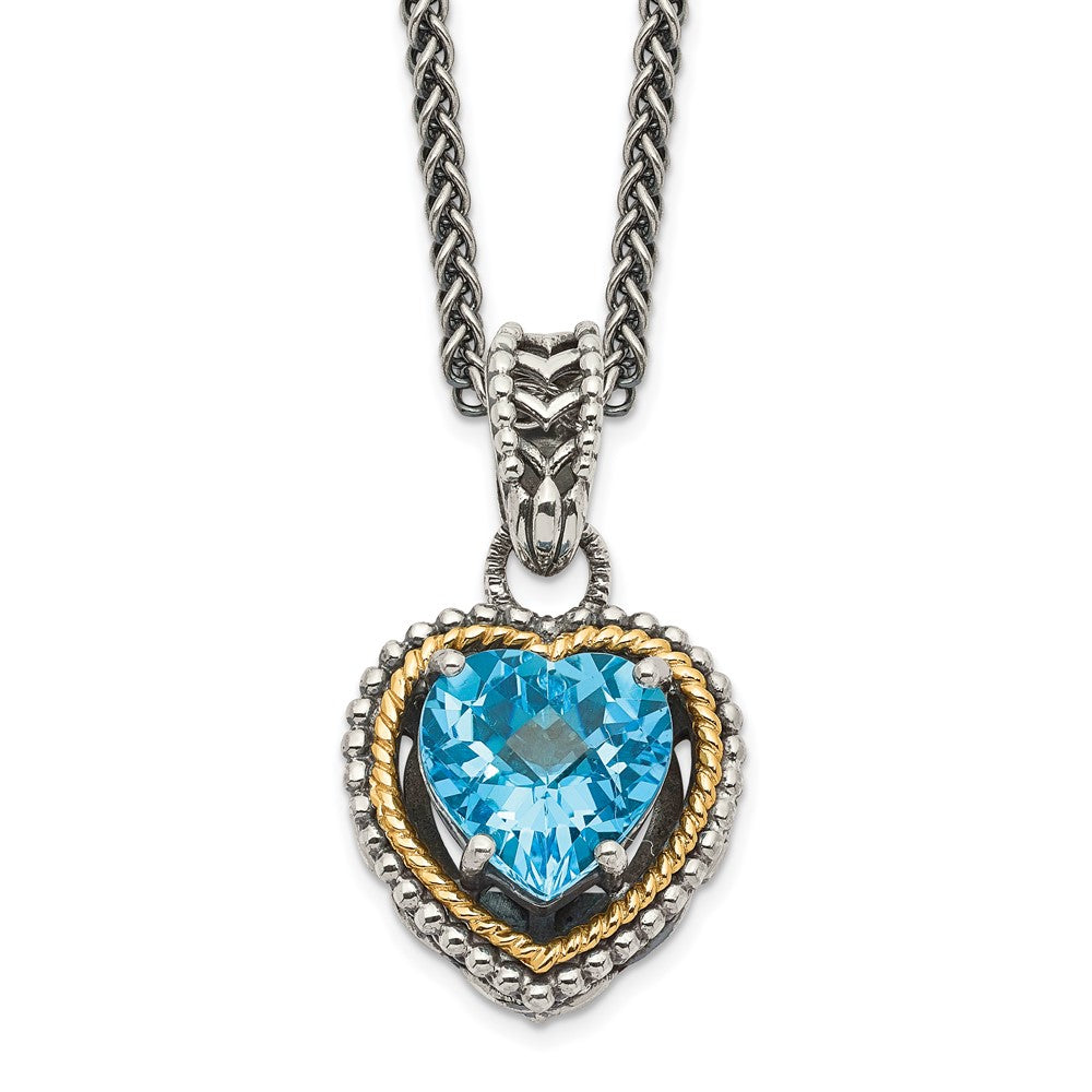 Shey Couture Sterling Silver with 14K Accent Antiqued Blue Topaz Heart 18 inch Necklace, 3.2 ct, 18 x 13 mm