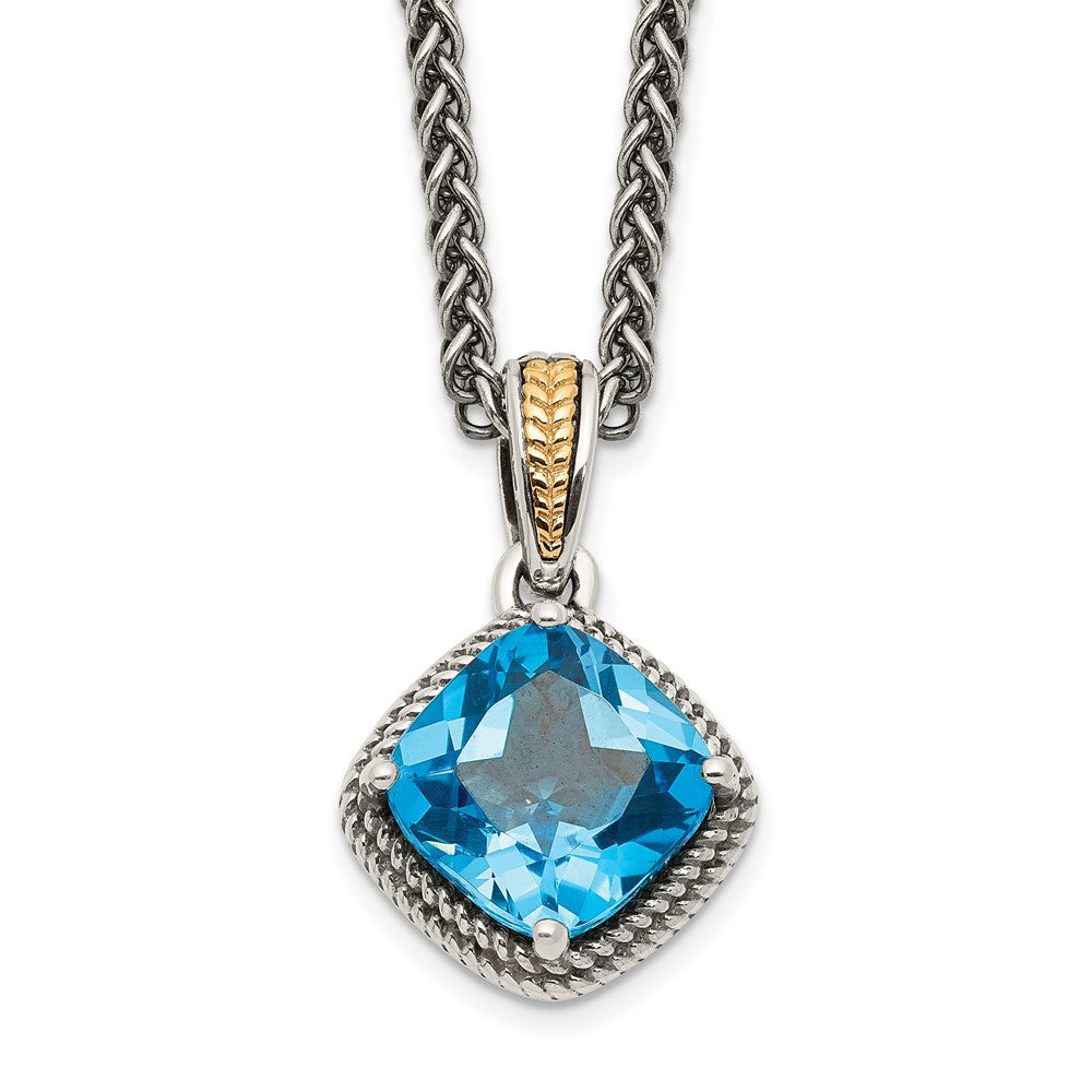Shey Couture Sterling Silver with 14K Accent 18 Inch Antiqued Cushion Blue Topaz Necklace, 2.7 ct, 18 mm