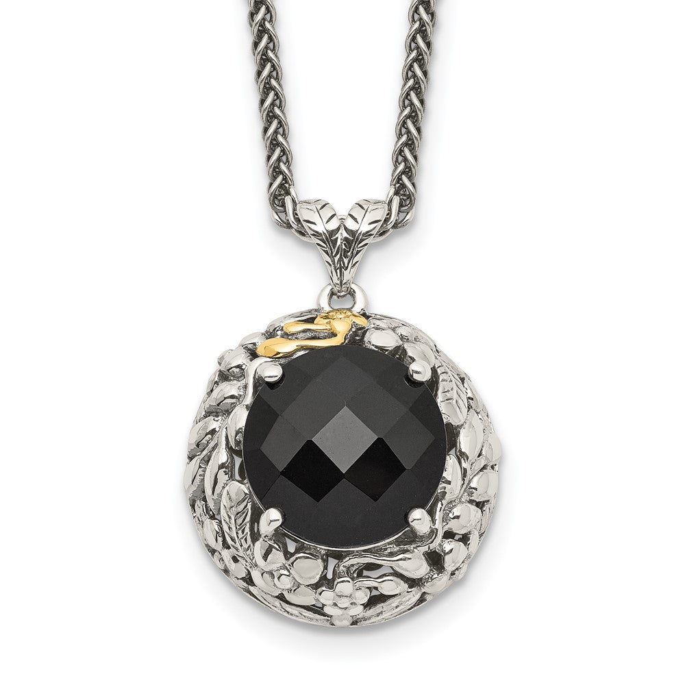 Shey Couture Sterling Silver with 14K Accent 18 Inch Antiqued Checkerboard-cut Black Onyx Necklace, 18 x 20 mm