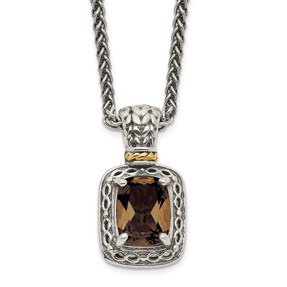 Shey Couture Sterling Silver with 14K Accent 18 Inch Antiqued Cushion Checkerboard Smoky Quartz Necklace, 2.25 ct, 18 x 10 mm