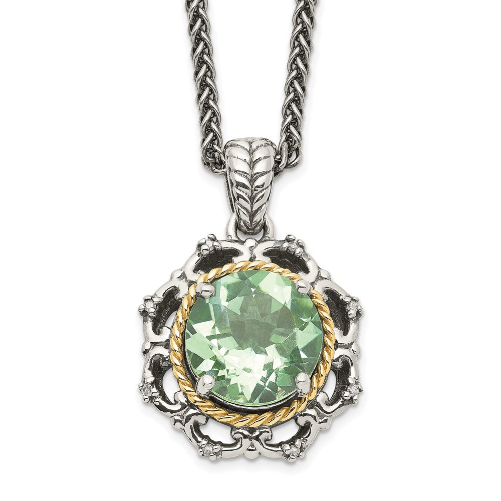Shey Couture Sterling Silver with 14K Accent 18 Inch Antiqued Round Green Quartz and Diamond Necklace, 3.01 ct, 18 x 18 mm