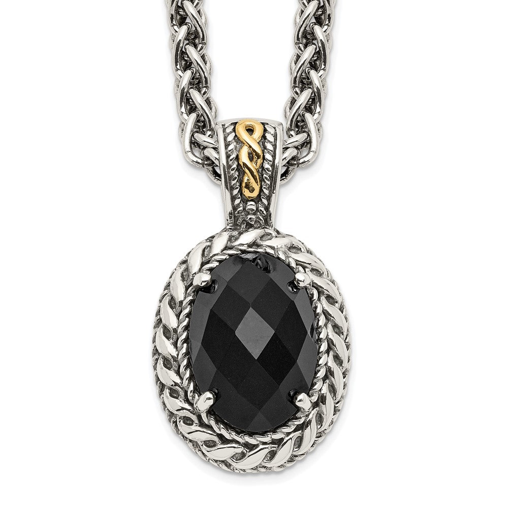 Shey Couture Sterling Silver with 14K Accent 18 Inch Antiqued Checkerboard-cut Black Onyx Necklace, 18 x 16 mm