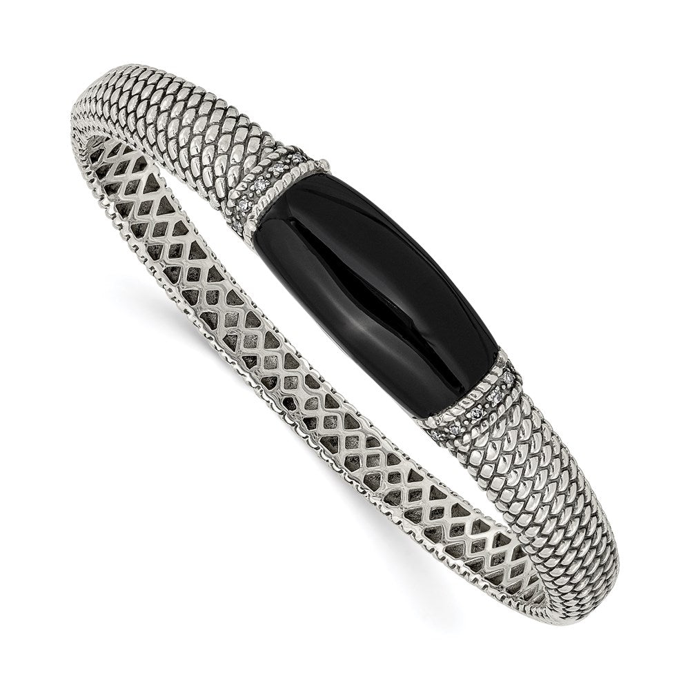 Shey Couture Sterling Silver Antiqued Black Onyx and Diamond Hinged Bangle Bracelet, 19.166 ct, 13 mm