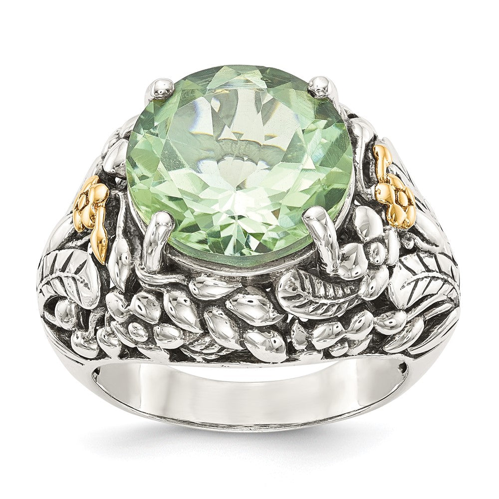 Shey Couture Sterling Silver with 14K Accent Antiqued Round Green Quartz Ring, 5.13 ct, Size 8