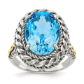 Shey Couture Sterling Silver with 14K Accent Antiqued Oval Blue Topaz Ring, 6.66 ct, Size 7