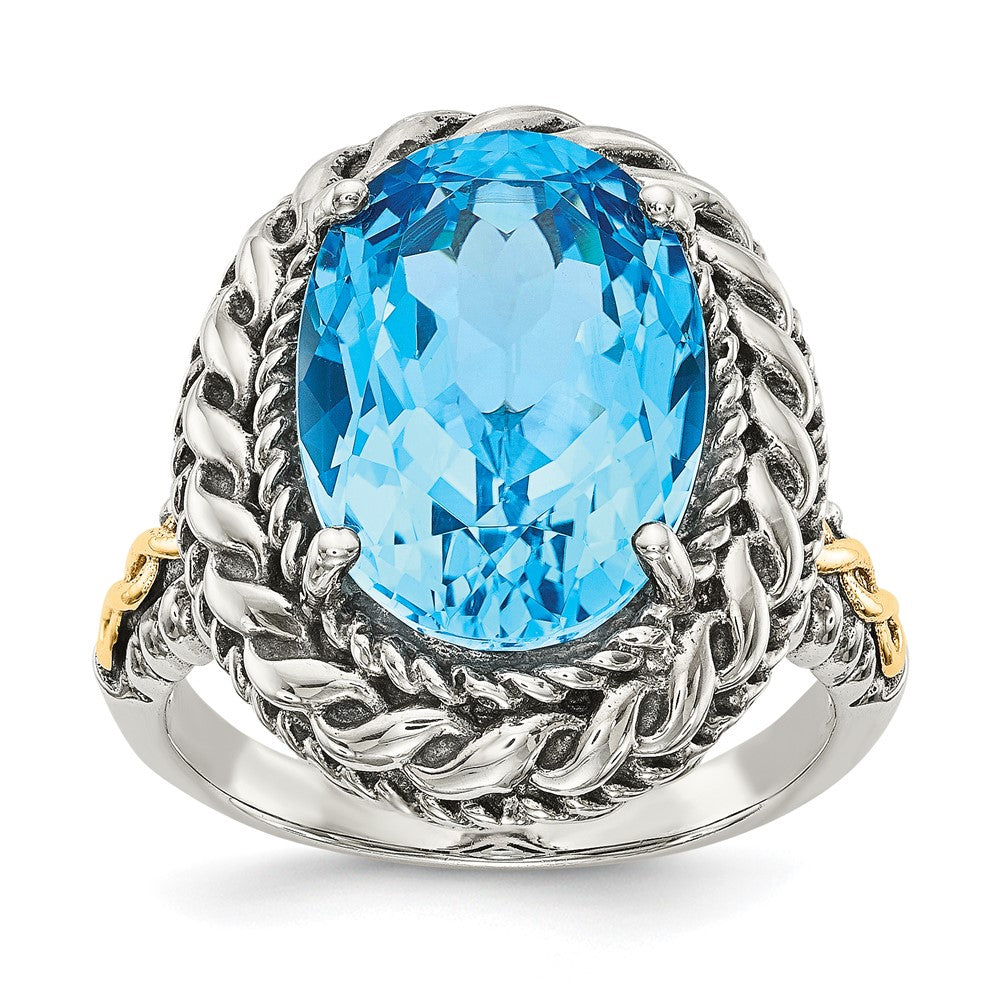 Shey Couture Sterling Silver with 14K Accent Antiqued Oval Blue Topaz Ring, 6.66 ct, Size 7