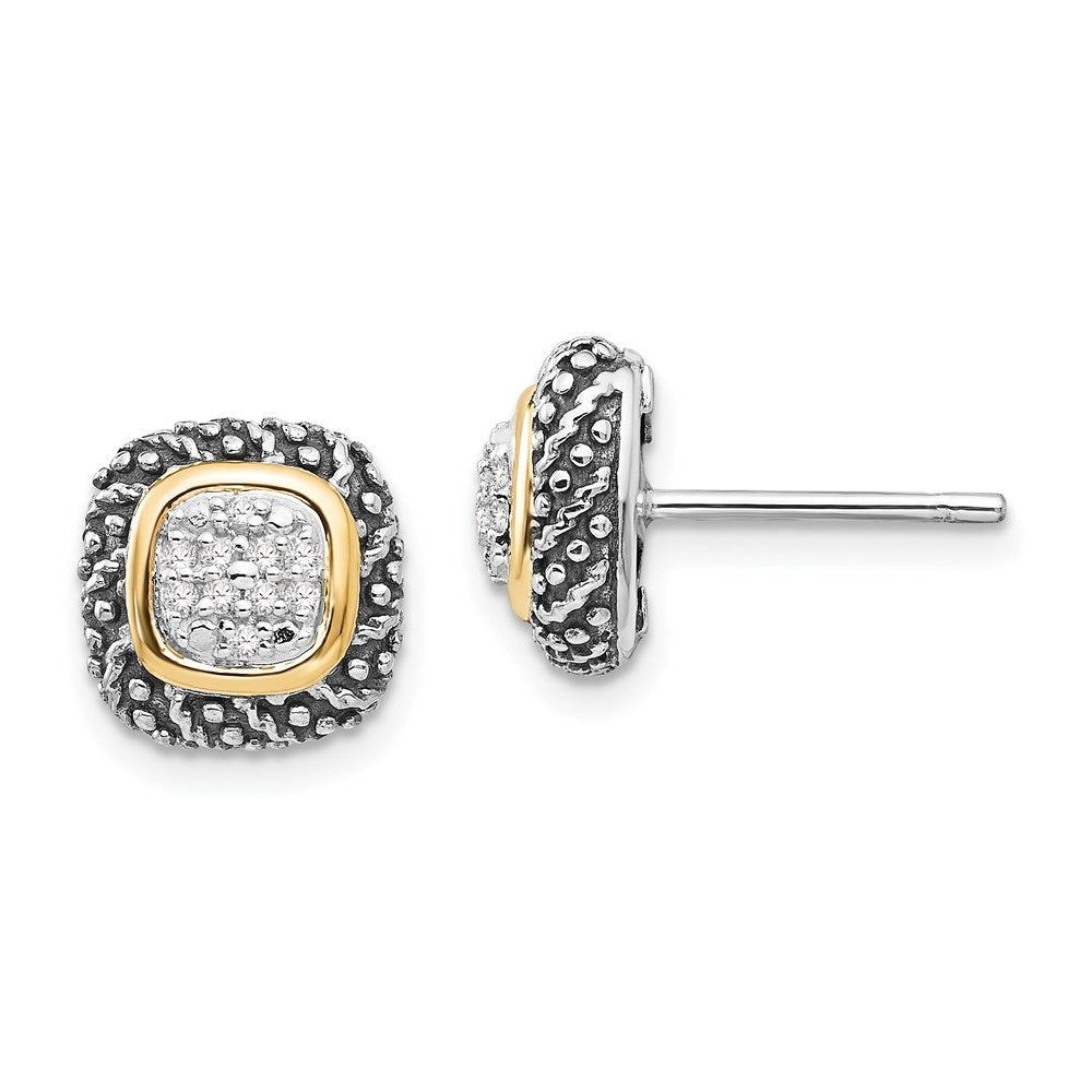 Shey Couture Sterling Silver with 14K Accent Antiqued Diamond Post Earrings, 0.1 ct, 10 x 10 mm