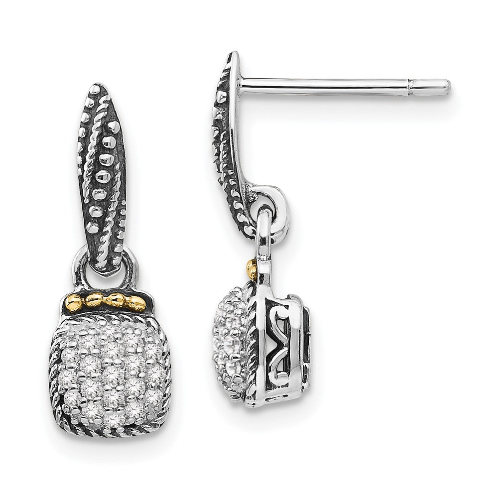 Shey Couture Sterling Silver with 14K Accent Antiqued Diamond Dangle Post Earrings, 0.19 ct, 18 x 7 mm