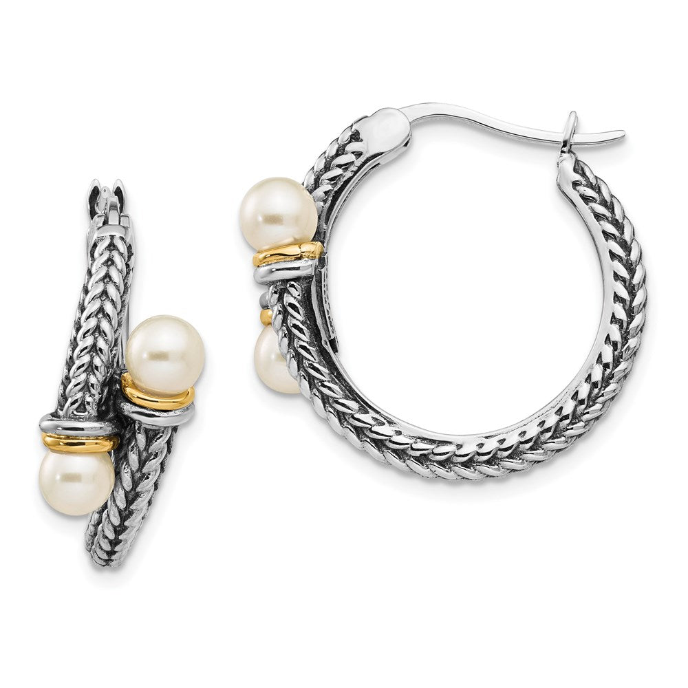 Shey Couture Sterling Silver with 14K Accent Antiqued 4mm Freshwater Cultured Pearl Hoop Earrings, 25 x 25 mm