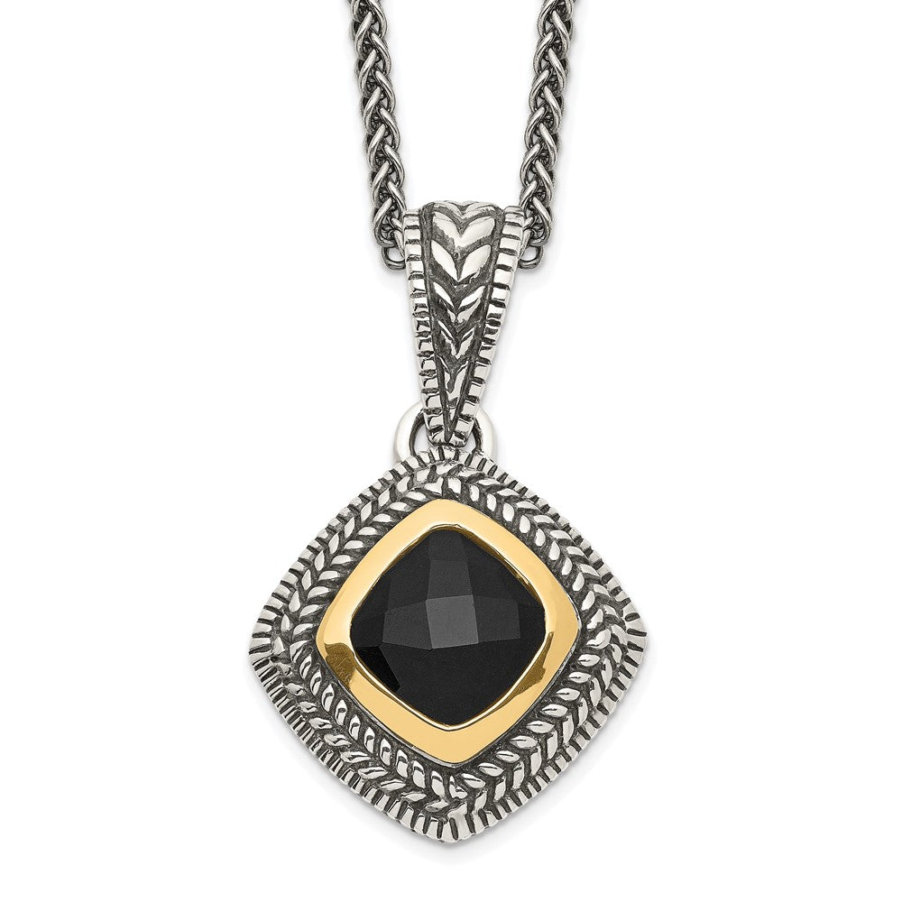 Shey Couture Sterling Silver with 14K Accent 18 Inch Antiqued Checkerboard-cut Black Onyx Necklace, 18 x 19 mm