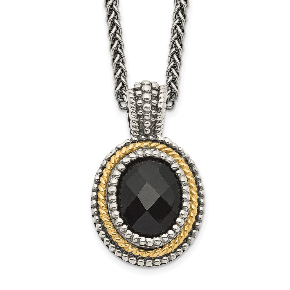 Shey Couture Sterling Silver with 14K Accent 18 Inch Antiqued Checkerboard-cut Black Onyx Necklace, 18 x 14 mm