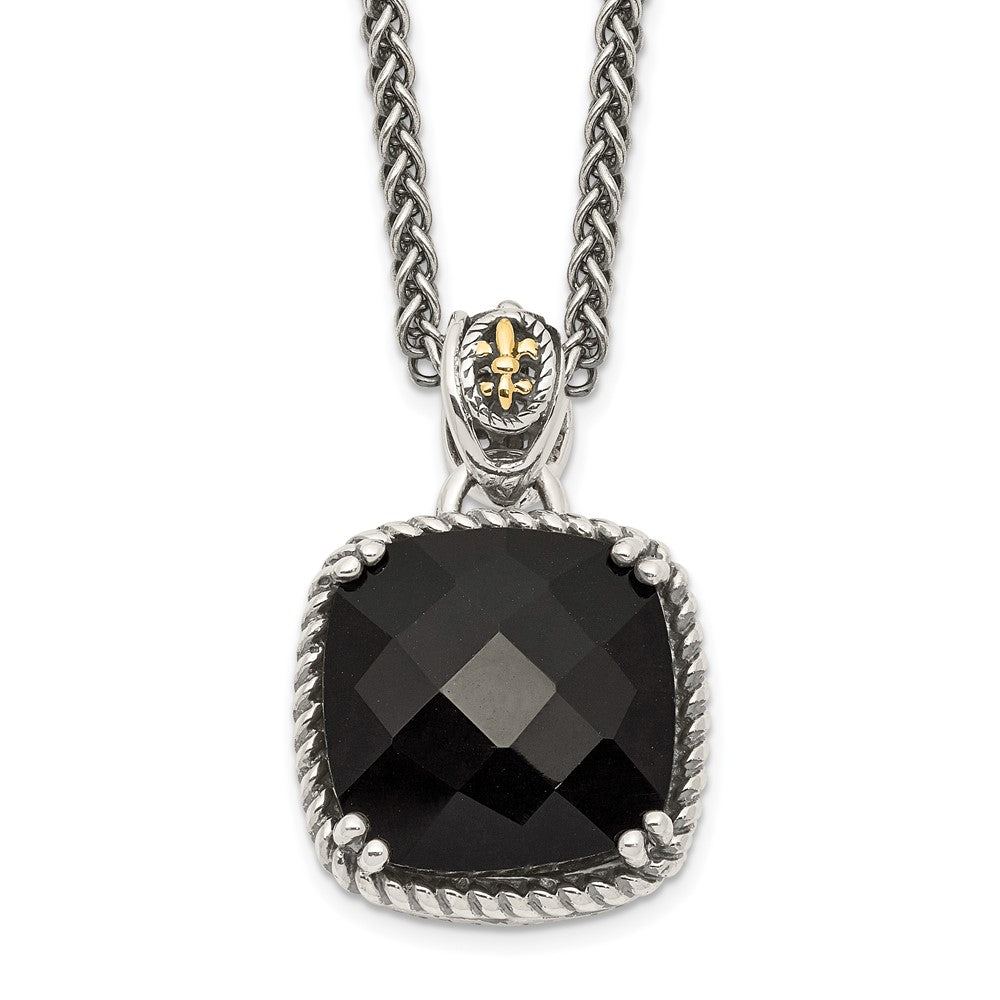 Shey Couture Sterling Silver with 14K Accent 18 Inch Antiqued Checkerboard-cut Black Onyx Necklace, 6.5 ct, 18 x 15 mm