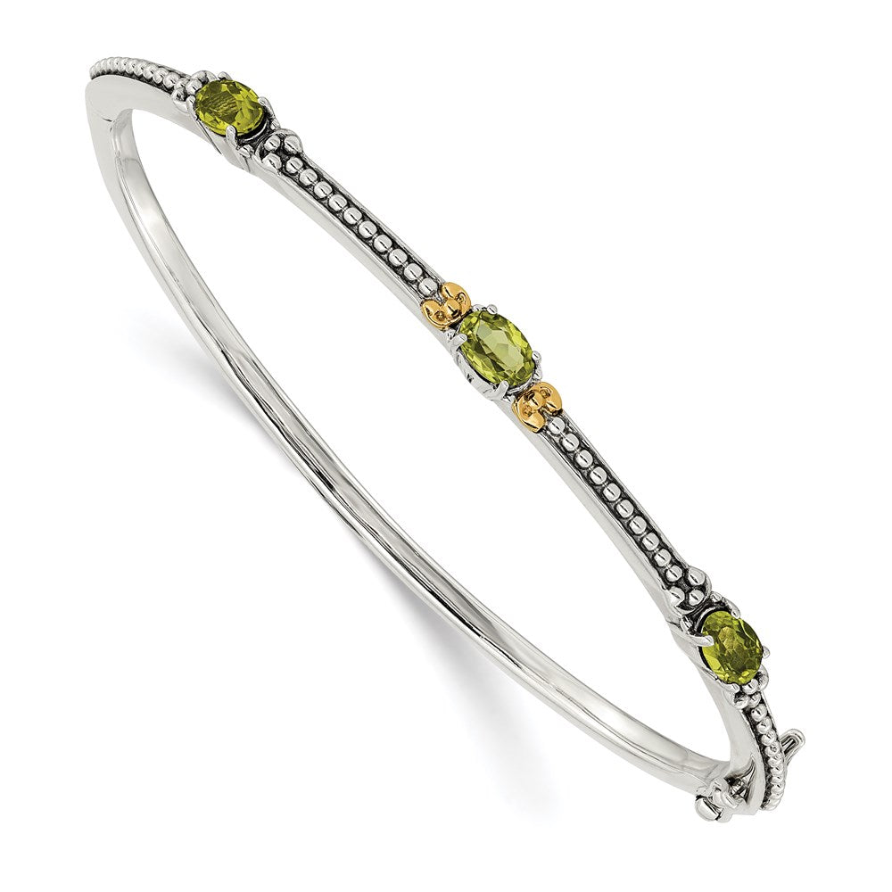 Shey Couture Sterling Silver with 14K Accent Antiqued Oval Peridot Hinged Bangle, 1.5 ct, 3 mm