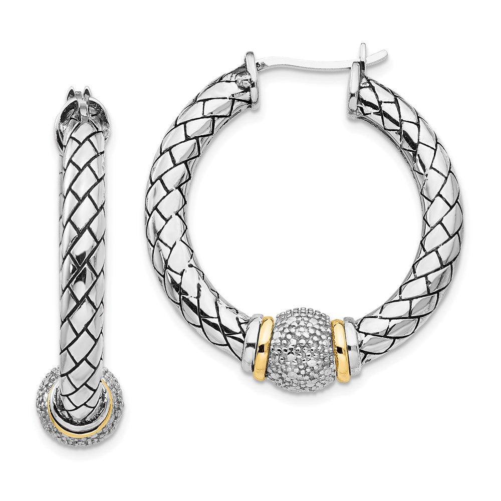 Shey Couture Sterling Silver with 14K Accent Antiqued Diamond Hoop Earrings, 0.01 ct, 26 x 30 mm
