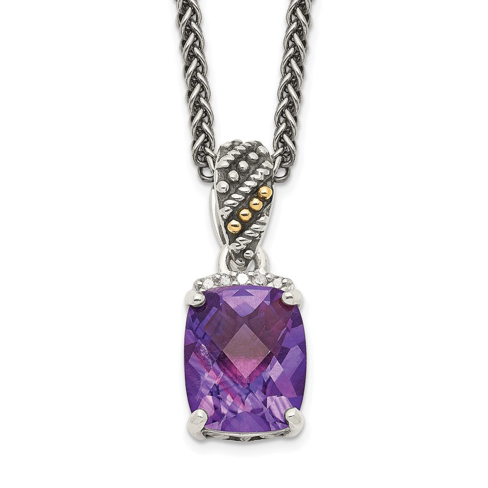 Shey Couture Sterling Silver with 14K Accent 18 Inch Antiqued Diamond and Checkerboard-cut Cushion Amethyst Necklace, 2.545 ct, 18 x 9 mm