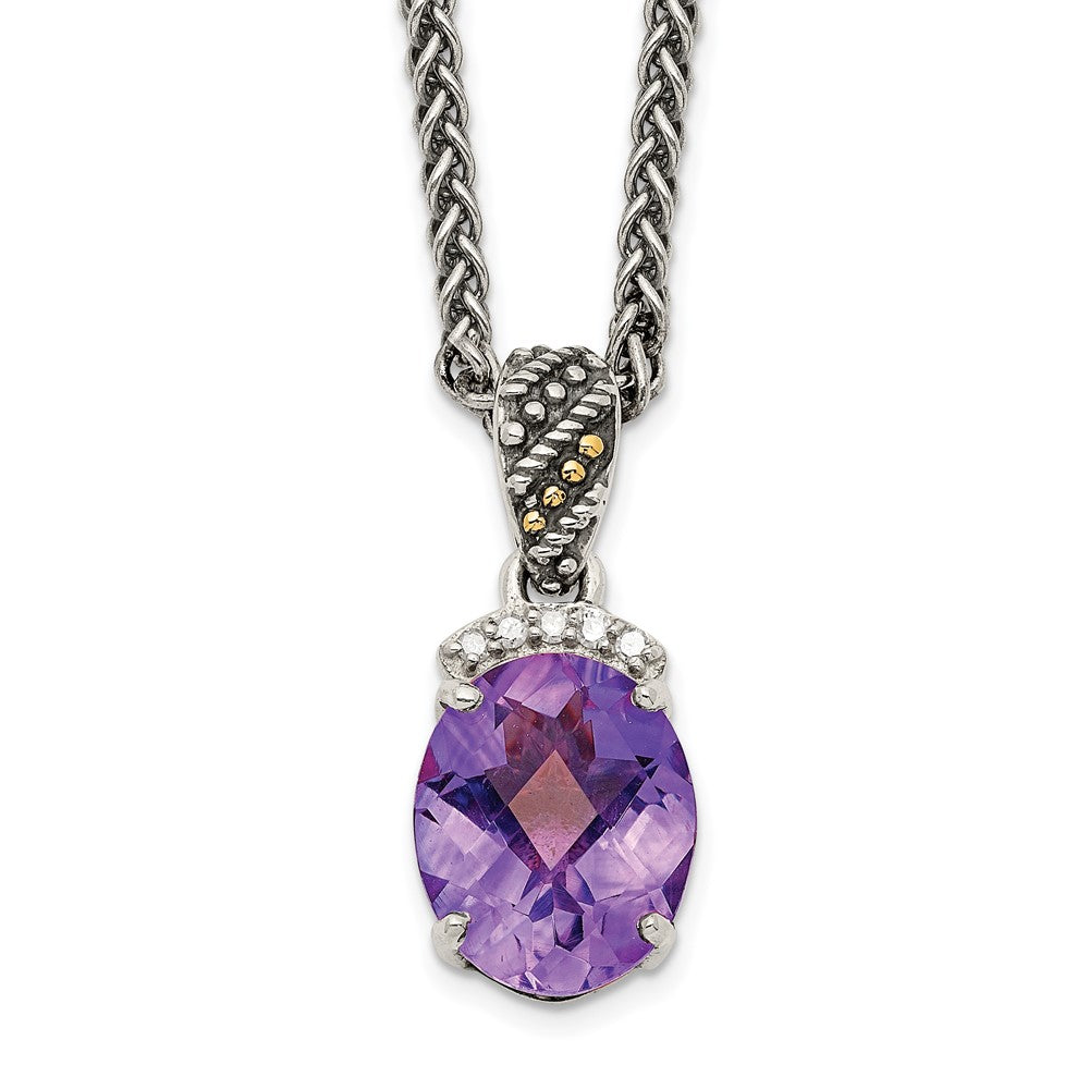 Shey Couture Sterling Silver with 14K Accent 18 Inch Antiqued Checkerboard-cut Oval Amethyst and Diamond Necklace, 2.19 ct, 18 x 9 mm