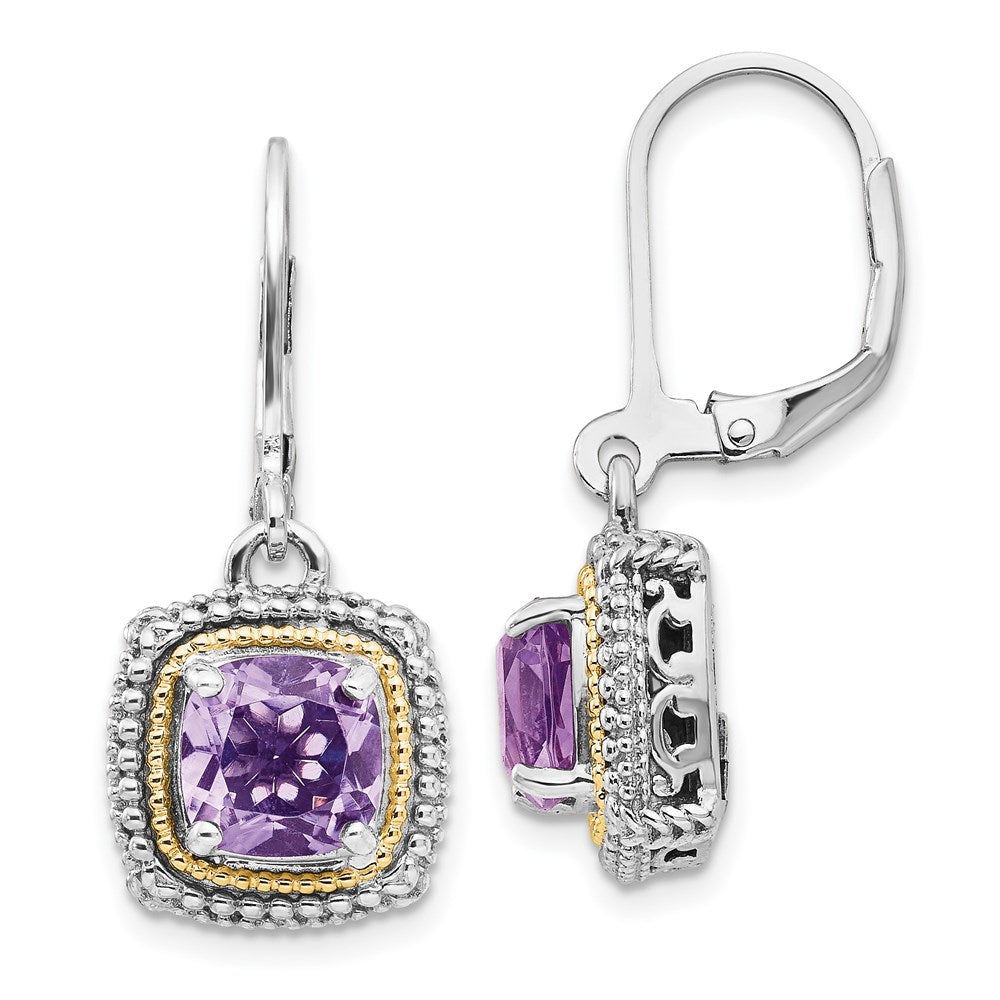 Shey Couture Sterling Silver with 14K Accent Antiqued Cushion Amethyst Leverback Earrings, 2.7 ct, 32 x 13 mm