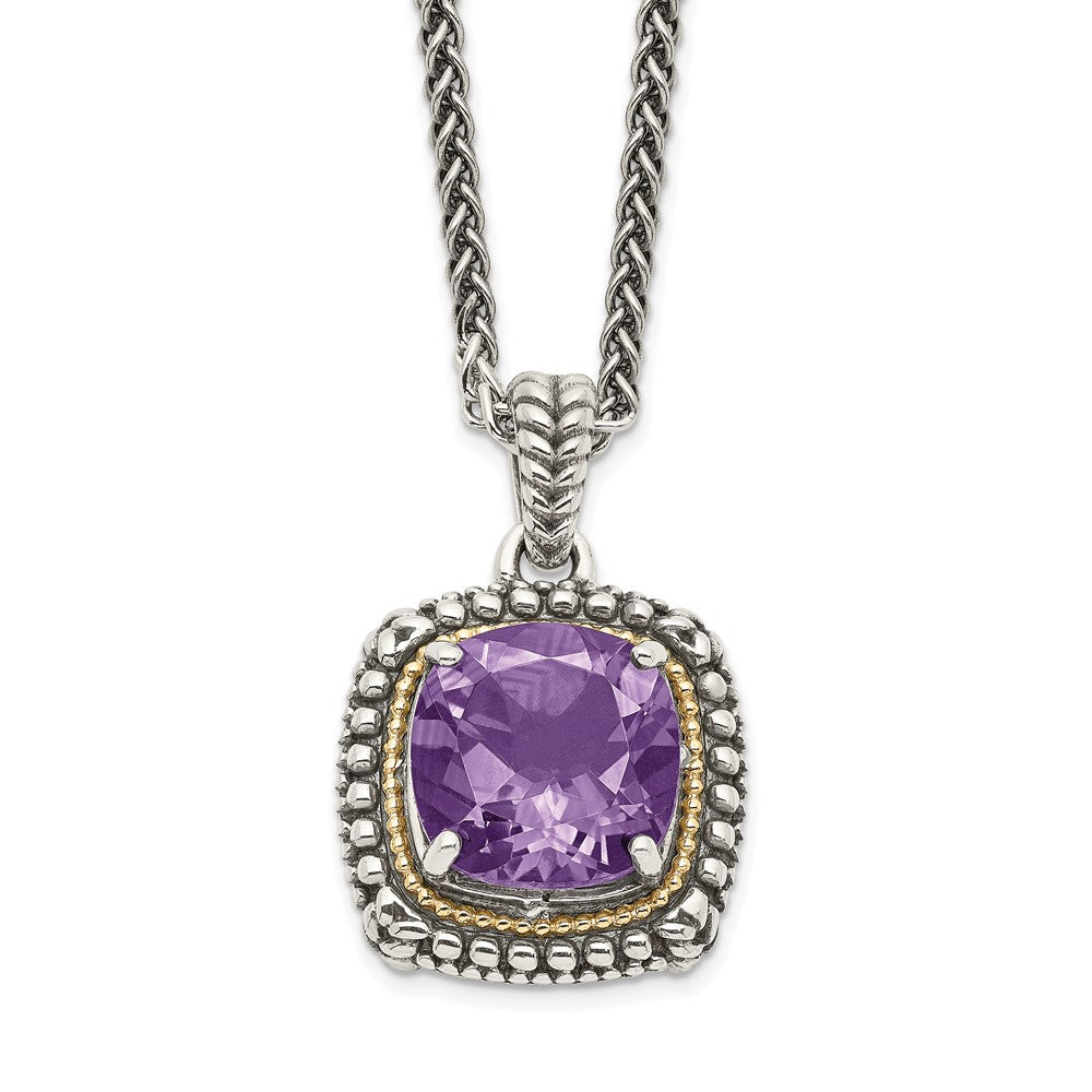 Shey Couture Sterling Silver with 14K Accent 18 Inch Antiqued Cushion Amethyst Necklace, 18 x 16 mm