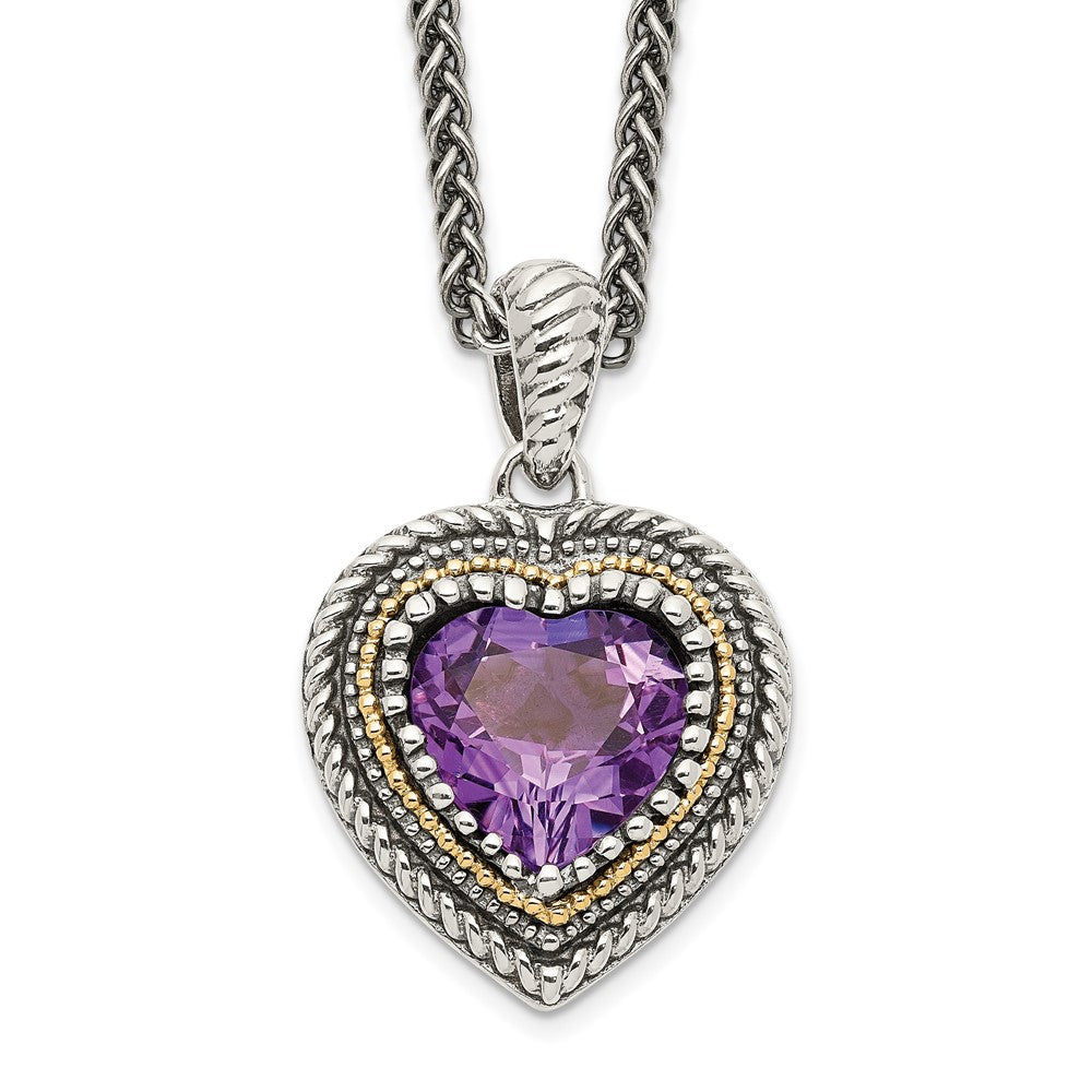Shey Couture Sterling Silver with 14K Accent 18 inch Antiqued Amethyst Heart Necklace, 2.2 ct, 18 x 17 mm