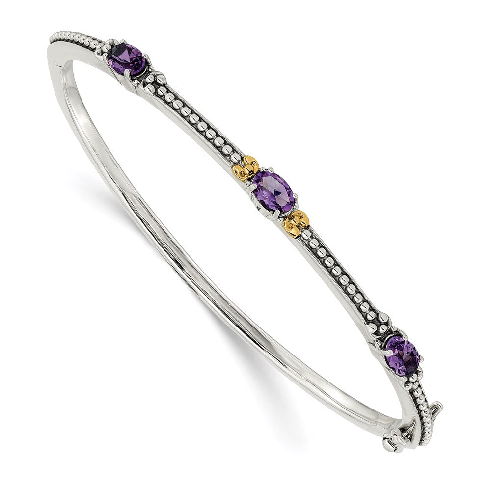 Shey Couture Sterling Silver with 14K Accent Antiqued Oval Amethyst Hinged Bangle, 1.35 ct, 7.25 x 7 mm
