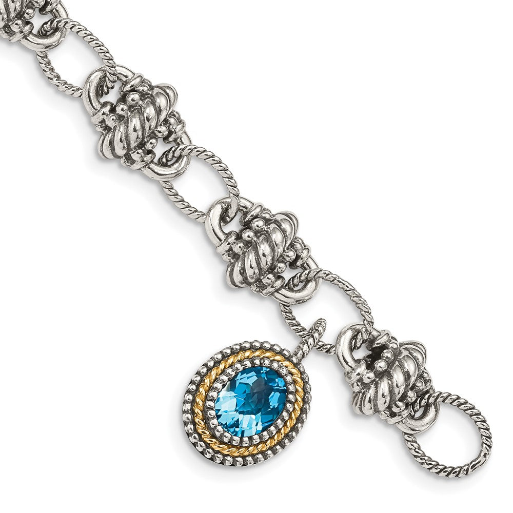 Shey Couture Sterling Silver with 14K Accent 7.5 Inch Antiqued Oval Light Swiss Blue Topaz Bracelet, 1.6 ct, 7.5 x 10 mm