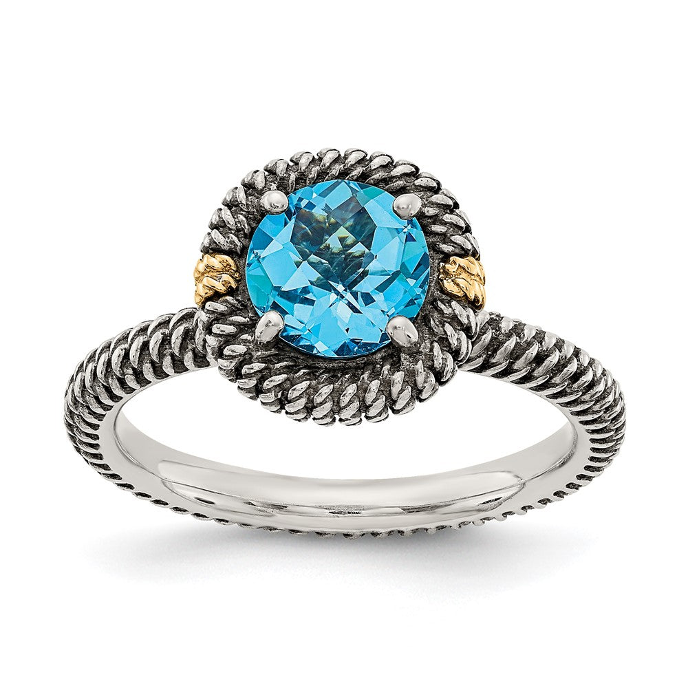 Shey Couture Sterling Silver with 14K Accent Antiqued Round Blue Topaz Ring, Size 7, 3 mm