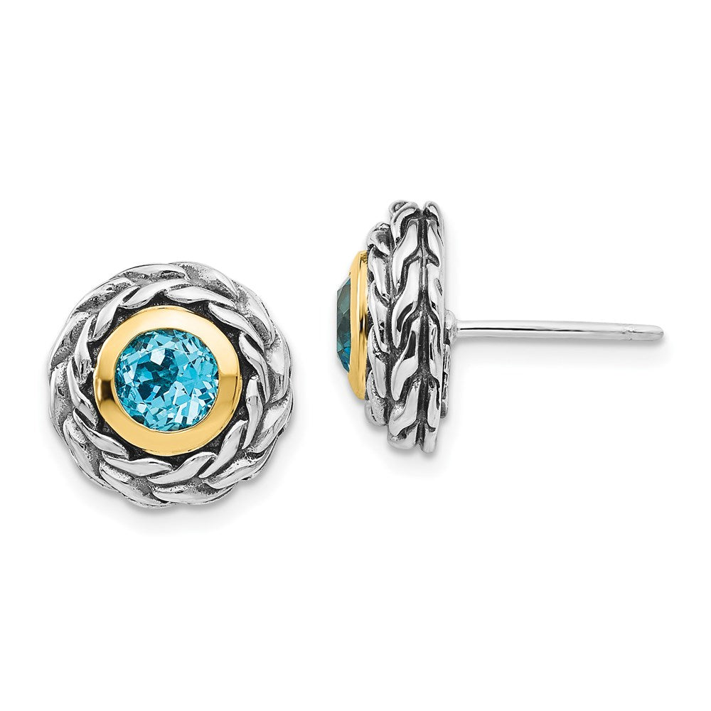 Shey Couture Sterling Silver with 14K Accent Antiqued Round Bezel Light Swiss Blue Topaz Post Earrings, 1.2 ct, 14 x 14 mm