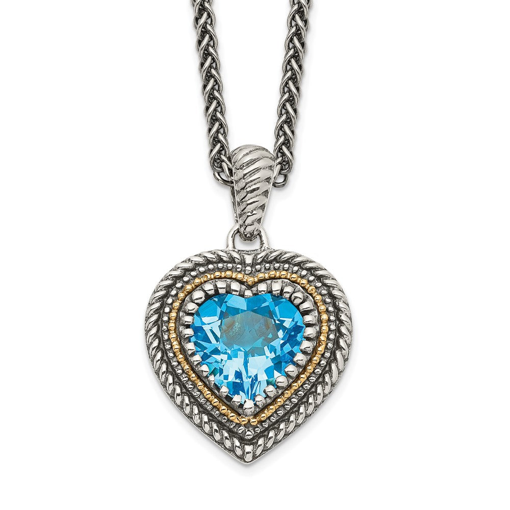 Shey Couture Sterling Silver with 14K Accent 18 Inch Antiqued Light Swiss Blue Topaz Heart Necklace, 3.2 ct, 18 x 15 mm