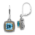 Shey Couture Sterling Silver with 14K Accent Antiqued Cushion Light Swiss Blue Topaz Leverback Dangle Earrings, 3.8 ct, 32 x 13 mm