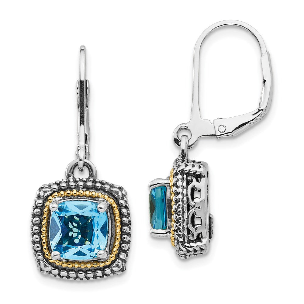 Shey Couture Sterling Silver with 14K Accent Antiqued Cushion Light Swiss Blue Topaz Leverback Dangle Earrings, 3.8 ct, 32 x 13 mm
