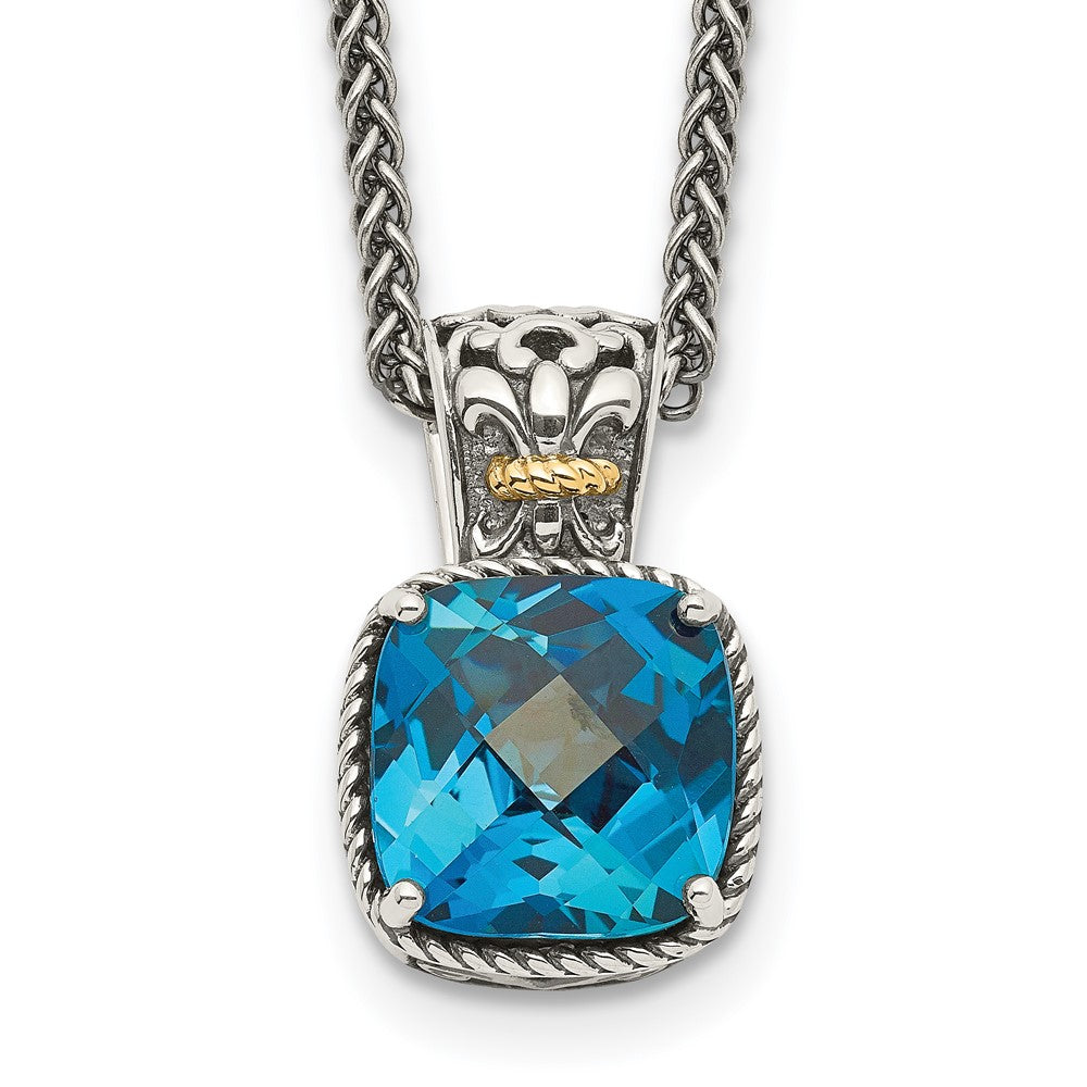 Shey Couture Sterling Silver with 14K Accent 18 Inch Antiqued Cushion London Blue Topaz Necklace, 4.5 ct, 18 mm
