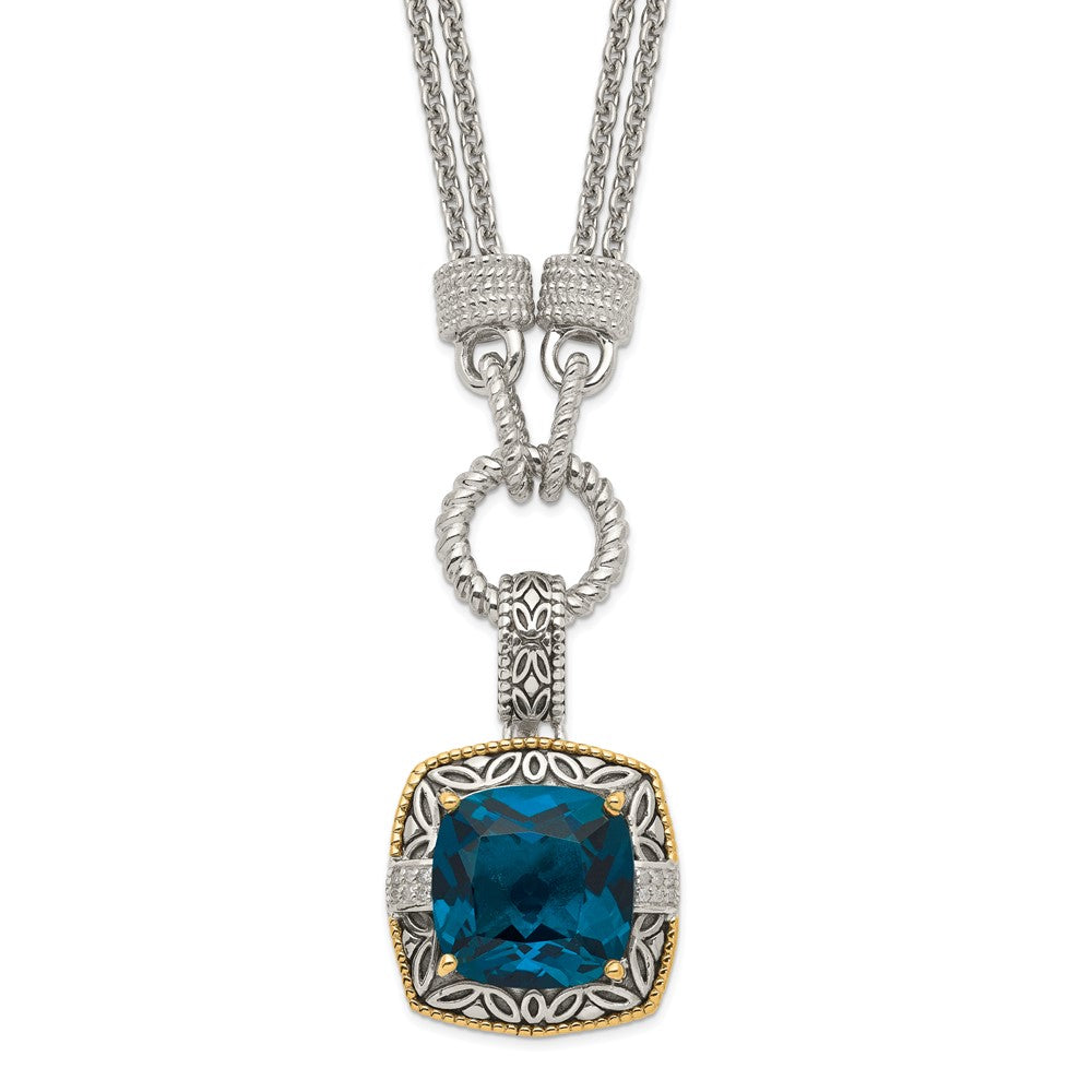 Shey Couture Sterling Silver with 14K Accent 17 Inch Antiqued Cushion London Blue Topaz and Diamond Plus 1in. Ext. Necklace, 10.41 ct, 18 x 20 mm