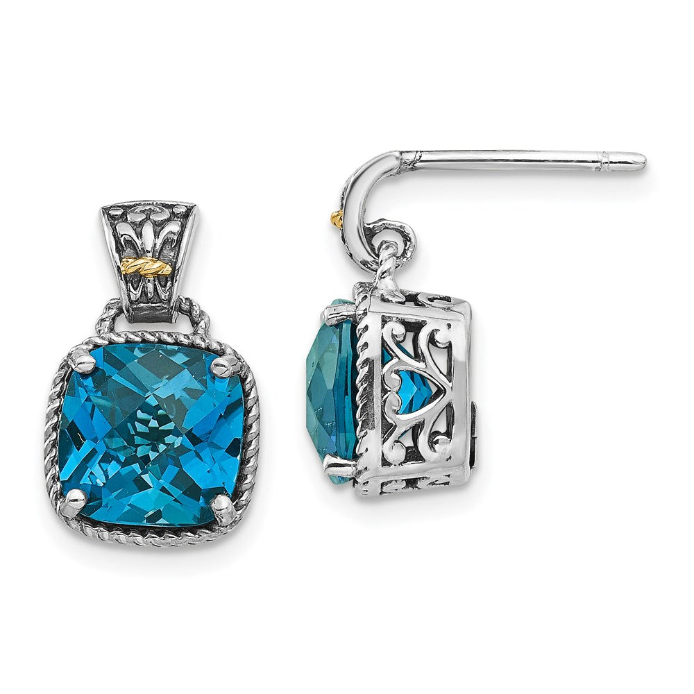 Shey Couture Sterling Silver with 14K Accent Antiqued Cushion London Blue Topaz Post Dangle Earrings, 5.4 ct, 17 x 10 mm