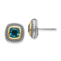 Shey Couture Sterling Silver with 14K Accent Antiqued Cushion London Blue Topaz Post Earrings, 2.6 ct, 12 x 12 mm