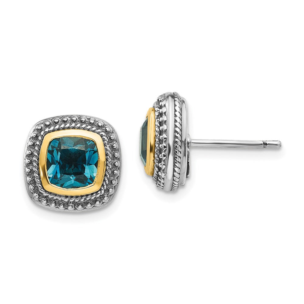 Shey Couture Sterling Silver with 14K Accent Antiqued Cushion London Blue Topaz Post Earrings, 2.6 ct, 12 x 12 mm