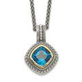 Shey Couture Sterling Silver with 14K Accent 18 Inch Antiqued Cushion Bezel London Blue Topaz Necklace, 3 ct, 18 mm