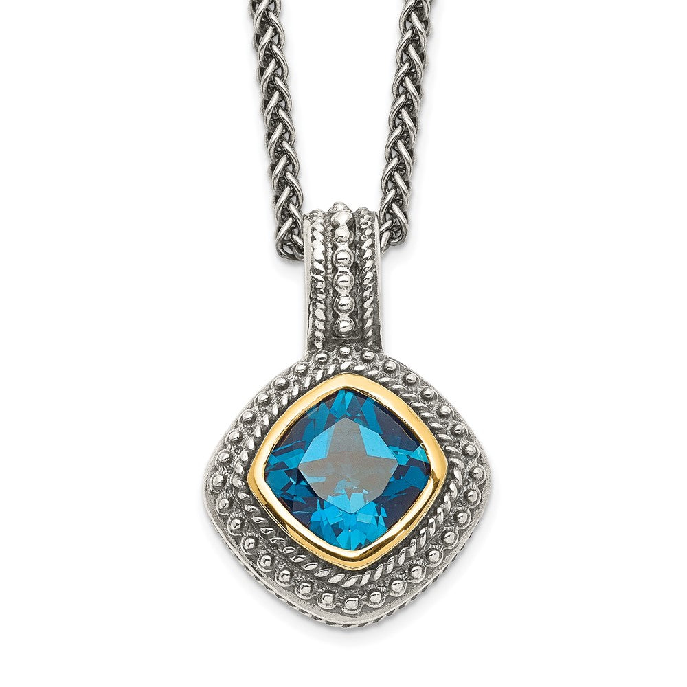 Shey Couture Sterling Silver with 14K Accent 18 Inch Antiqued Cushion Bezel London Blue Topaz Necklace, 3 ct, 18 mm