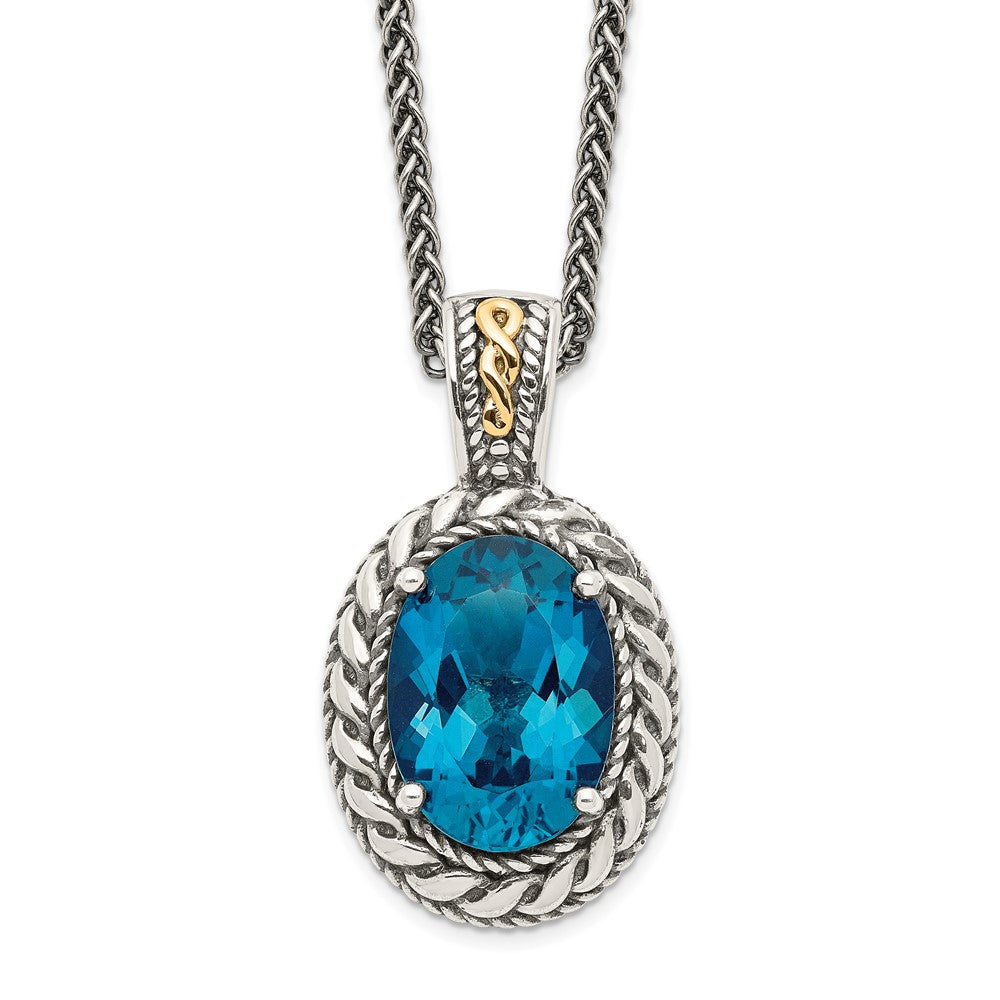 Shey Couture Sterling Silver with 14K Accent 18 Inch Antiqued Oval London Blue Topaz Hinged Bail Necklace, 6.66 ct, 18 x 16 mm