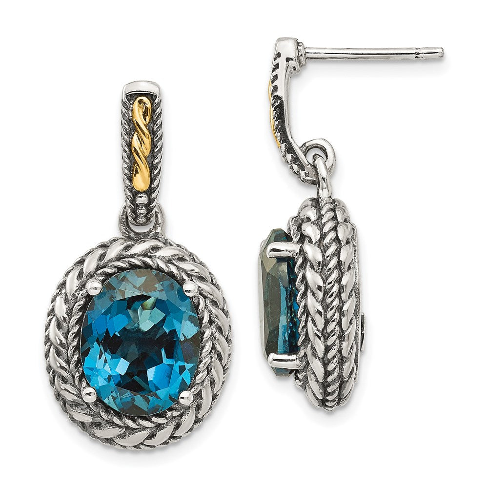 Shey Couture Sterling Silver with 14K Accent Antiqued Oval London Blue Topaz Post Dangle Earrings, 8.1 ct, 30 x 15 mm