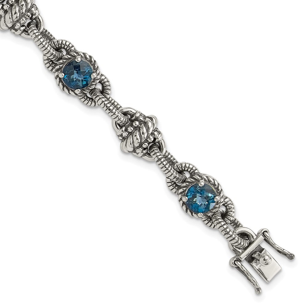 Shey Couture Sterling Silver 7.75 inch Antiqued Round London Blue Topaz Bracelet, 4.5 ct, 7.75 x 10 mm